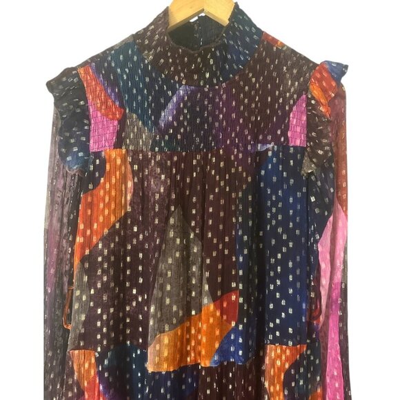 Rare Oliphant Drop Waist Smocked Neck Art Navy Print Maxi Dress S Oversized Boho - Picture 6 of 11